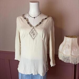 boho fairy beaded top faded glory cream sz large 12/14 rayon cottage western
